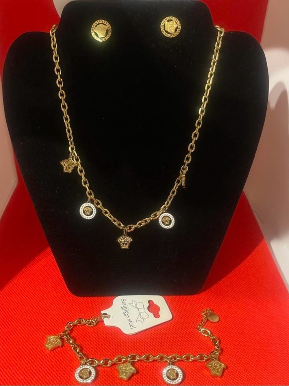 Source Unknown Gold-Tone Charm Necklace and Bracelet Set with White Accents